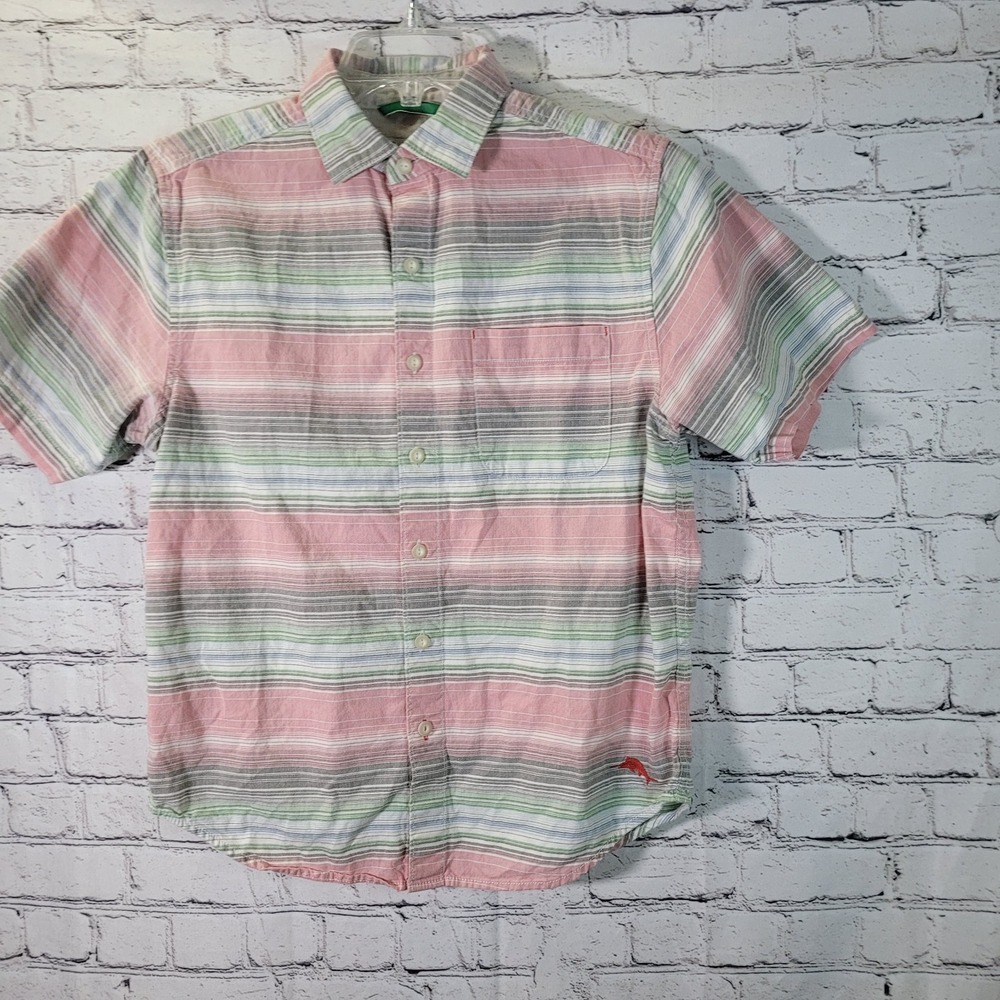 Tommy Bahama Button Down Shirt Mens Small Pink Striped Excellent Short Sleeve
